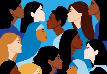 Ce visuel montre des femmes en mouvement de toutes origines se regardant les unes les autres sur un fond bleu uni.