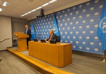 A UN official (the head of the UN) speaks to press from a small stage with a podium and microphone.