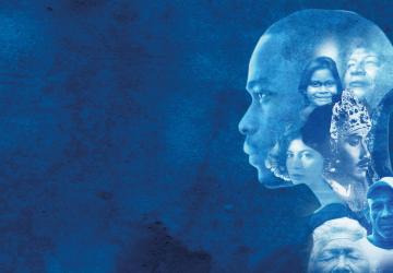 A blue coloured graphic with silhouettes of people in white print- men, women, children and more of varying ethnicities.