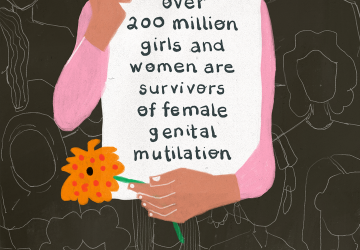 A graphic of a girl's hands holding a flower and a paper with statistics on female genital mutilation