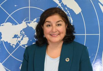 A woman with dark brown hair wearing a bluish-green suit and a white shirt standing in front of a blue wall with the emblem of the UN- white coloured states on a blue background,