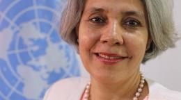 Official photo of Gita Sabharwal. She is shown smiling in front of the UN Flag. 