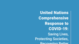 图中为报告标题“2019冠状病毒病——联合国全面应对举措：拯救生命、 保护社会、 实现更好恢复”