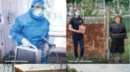 The cover has photos of a person wearing a PPE, a young lady wearing a mask and holding a mask standing next to an older lady, a man in a wheelchair seated by a gate and a field with crops.
