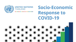 Cover shows the title "Socio-Economic Response to COVID-19 for Thailand" with virus looking black dots and colorful bars.