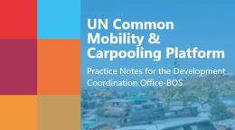 تُظهر الصورة عنوان مركز الحجوزات الإنساني ومنصة الأمم المتحدة المشتركة للتنقل والسيارات. على الجانب الأيسر توجد مربعات ملونة وعلى اليمين توجد صورة لسيارة بيضاء عليها شعار الأمم المتحدة من الخلف.