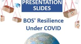 The image reads the title "Presentation Slides BOS' resilience under Covid: Covid 19 responses under the Business Operations Strategy. The image shows two hands with gloves holding up a 3-D globe with a face mask. There are boxes with SDG symbols coming down from the top with parachutes made of face masks." 