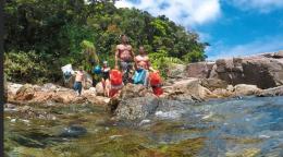 Quatre personnes en maillot de bain et tenant du matériel dans les mains se tiennent debout sur des rochers sur une côte brésilienne. On aperçoit derrière eux une végétation luxuriante.