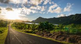 شروق الشمس فوق طريق وأشجار وجبال ومياه بعيدة.