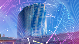 صورة منمقة لمبنى الويبو مع عالم رقمي مرسوم حوله.