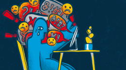 A drawing of a person reading hateful comments on the Internet.