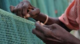 صورة مقرّبة ليدين تنسجان شبكة صيد.