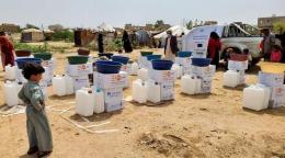 Distributions of kits containing basic health and hygiene items, clothes and ready-to-eat meals are set up for the flooding emergency relief effort in Al Jawf, Yemen. 