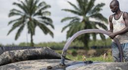 شاب يرتدي سروالًا رماديًا وقميصًا بدون أكمام يستخدم خرطومًا لضخ المياه من سد متنقل أقيم بالقرب من شجرتين نخيل.