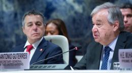 The UN Chief speaks into a microphone at a hearing on rebuilding in Pakistan, after flooding in the summer of 2022.