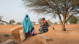 Hamsou Mohamat (à gauche), une habitante de la région, discute avec Jamilla Oumaru, une réfugiée nigériane, à Garin Kaka, un « village d'opportunités » soutenu par le HCR dans le centre-sud du Niger.  © HCR/Colin Delfosse