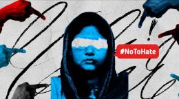 A graphic with a woman at the center and fingers in red and blue pointing at her, depicting hate speech