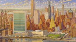 A graphic painting of the skyline, waterfront and the United Nations building in New York