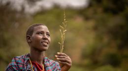 A young man in a traditional clothing holds up a sprig of a plant seeing it in the light