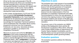 A cover page with text and the UN logo covering the terms of reference of the evaluation of the progress made by UN country teams