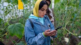 A woman uses a mobile device on a field filled with plants
