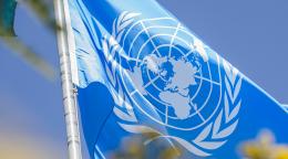 The UN flag on a pole.