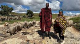 Male and female wool grazers in Lesotho in front of their goats. 