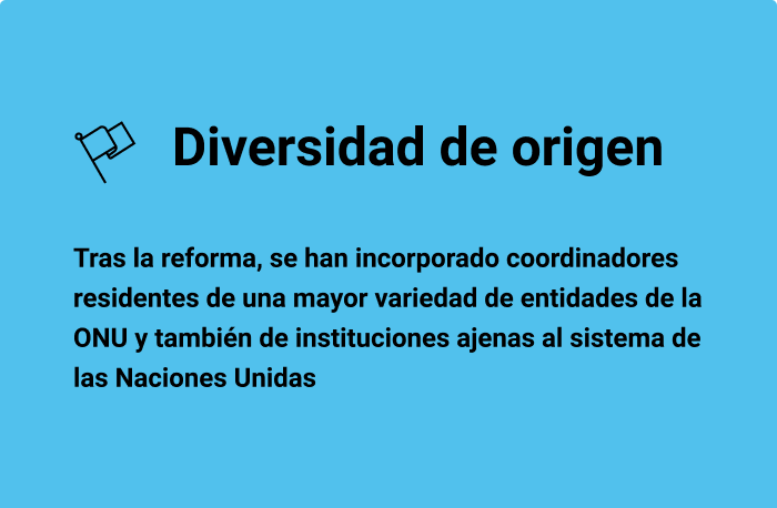 Tras la reforma, se han incorporado coordinadores residentes de una mayor variedad de entidades de la ONU y también de instituciones ajenas al sistema de las Naciones Unidas