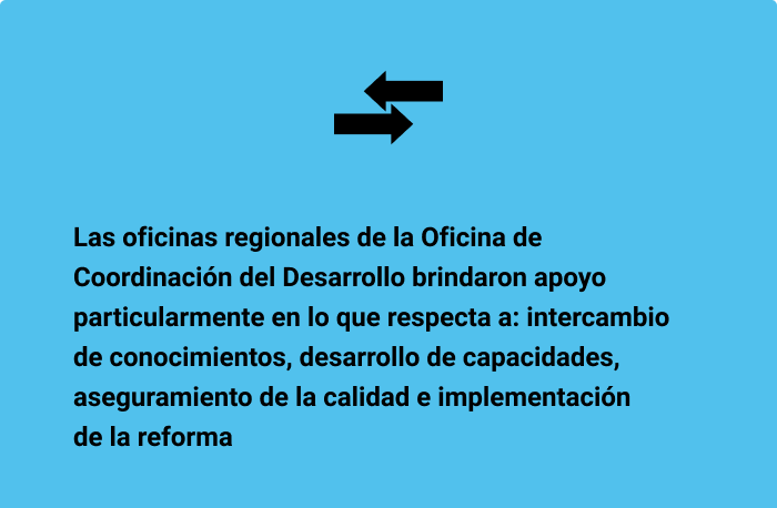 Las oficinas regionales de la Oficina de Coordinación del Desarrollo brindaron apoyo particularmente en lo que respecta a: intercambio de conocimientos, desarrollo de capacidades, aseguramiento de la calidad e implementación de la reforma