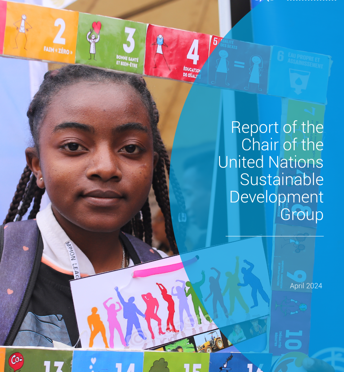 A girl in a school uniform holding a frame with the icons and the colours of the UNSDG. On the right is a blue panel with the title of the report.