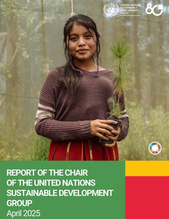 A picture of a girl with a plant used as the cover image for the 2025 UNSDG Chair Report