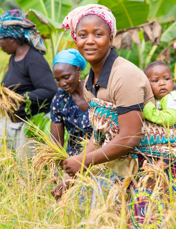 A woman in Guinea in a field with other women as she carries her son.