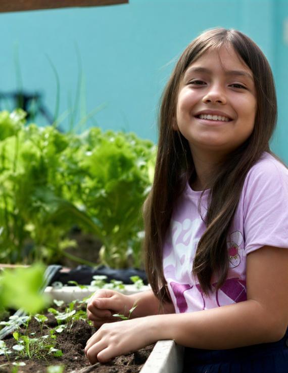 Una niña en Costa Rica frente a un pequeño jardín.
