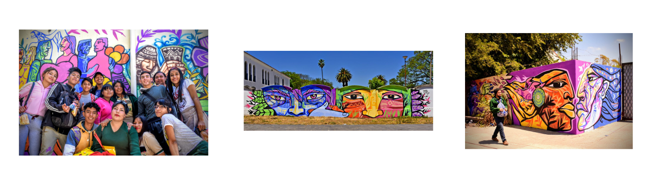 Un mosaico muestra tres imágenes: una de jóvenes que sonríen alegremente delante de su mural; la segunda muestra un mural de dos rostros de vivos colores, y la tercera, un joven que pasa junto a un mural de dos personas de vivos colores.