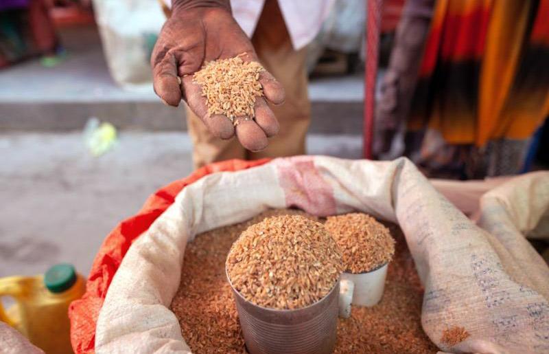 Image shows a large container of rice with two small contains on top filled with rice, and a hand just above them holding a scoop of rice directed at the camera.