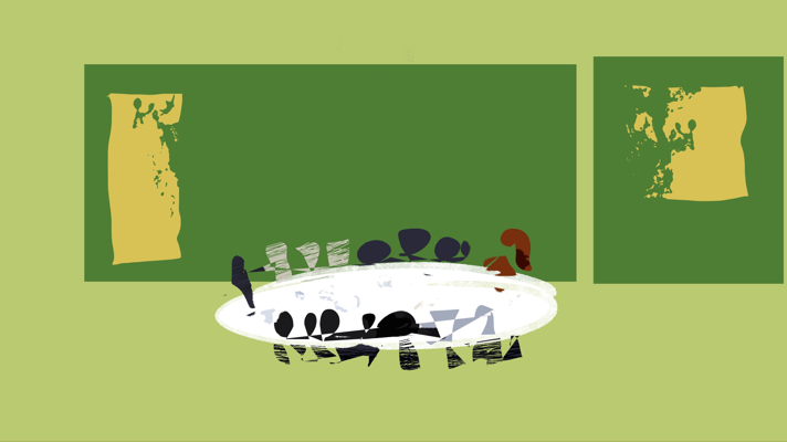 The illustration shows a board room. 
