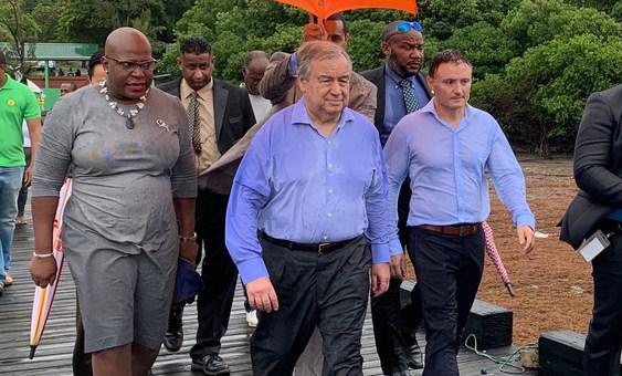 he UN Resident Coordinator for Barbados and the Organisation of Eastern Caribbean States (OECS), Didier Trebucq (right) accompanies UN Secretary General, António Guterres (centre) on a trip to St Lucia.