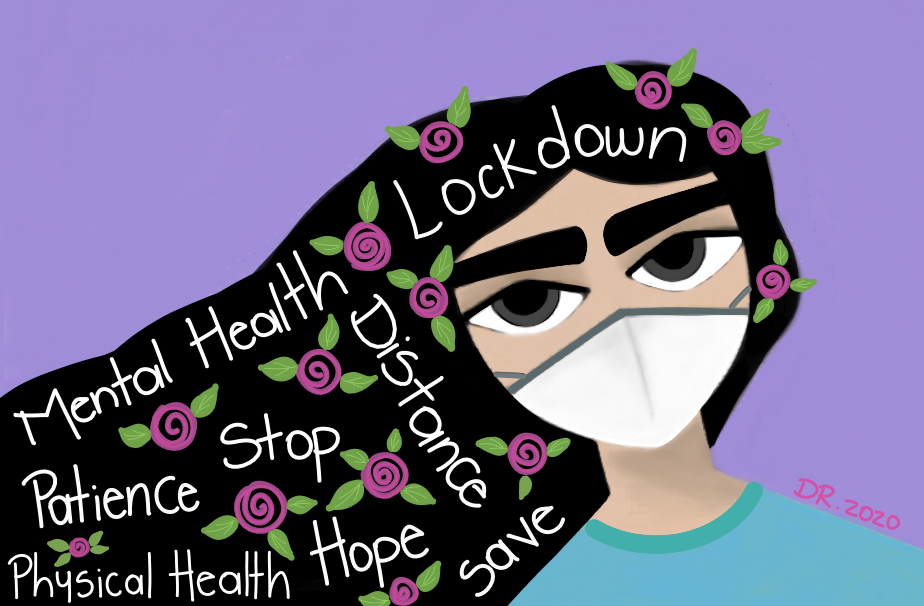Mental health is a priority! You are not alone. Graphic shows an animated girl wearing a face mask with mental health-related terms written throughout her hair.