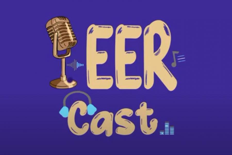 The image shows the text Peer Cast in large graphic fonts with a microphone in place of the P in Peer, and headphones drawn over the C in cast.