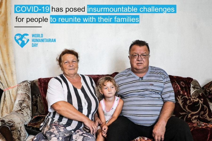 A Ukrainian family pose for the camera on their sofa. There is a factoid above the image highlighting COVID-19 has posed insurmountable challenges for people and families.