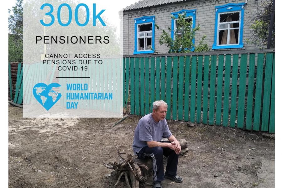 A man sits on a tree trunk pondering with a factoid to the left stating 300K pensioners cannot access their pensions due to COVID-19.