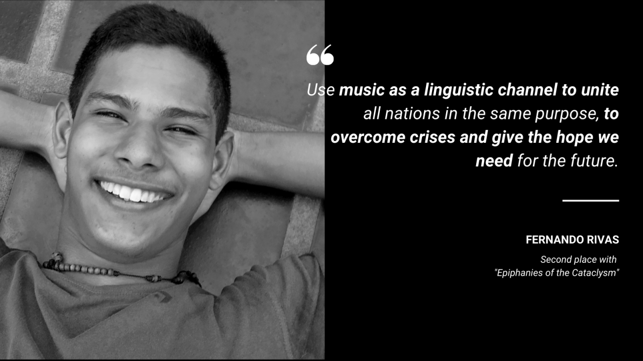 A quote card shows the winning composer, Second place Fernando Rivas with "Epiphanies of the Cataclysm" on the left of a quote. 