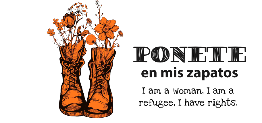The Ponete en Mis Zapatos logo shoes a pair of orange boots with flowers.