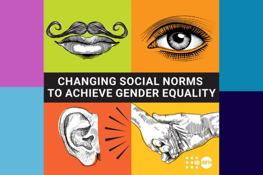 Una colorida cuadrícula de cuadros muestra cuatro imágenes—un ojo, una boca con bigote, una oreja que se escucha y dos manos que se cogen—en el centro, con un texto entre ellas.