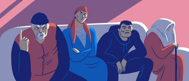 Una caricatura de cuatro personajes sentados en un sofá mirando malévolamente a la pantalla.