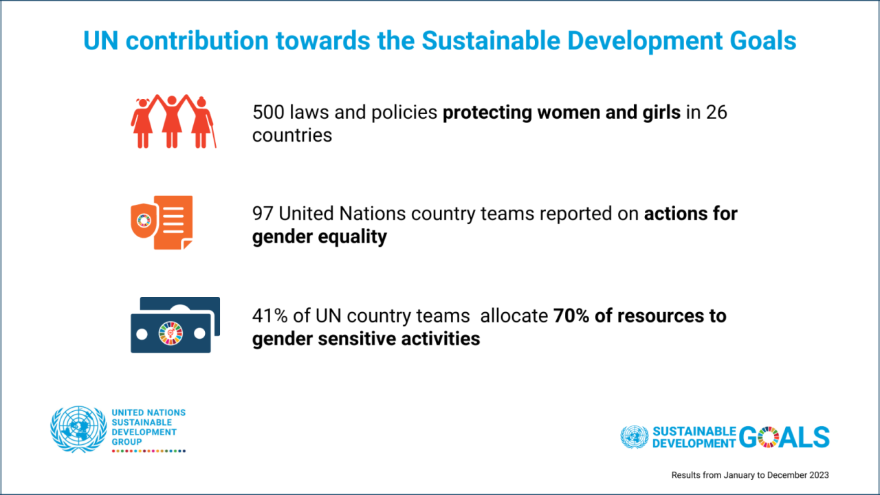 A graphic card with icons and text showing progress on women's empowerment and gender equality