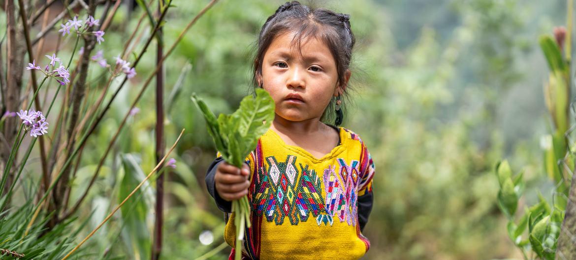 A young girl in a colorful shirt holds a handful of herbs towards the camera