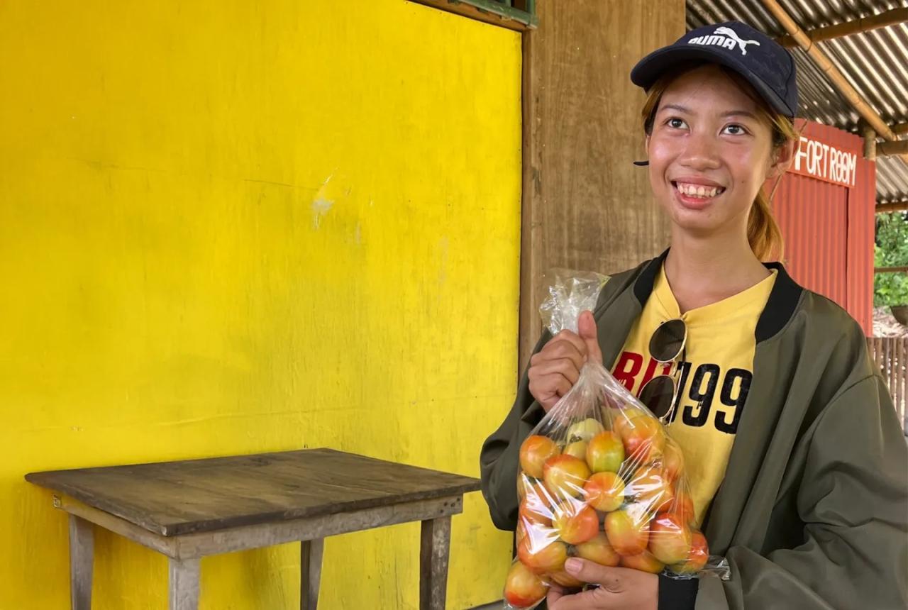 Maria Joyce Escosa packs the organic tomatoes she has just harvested.