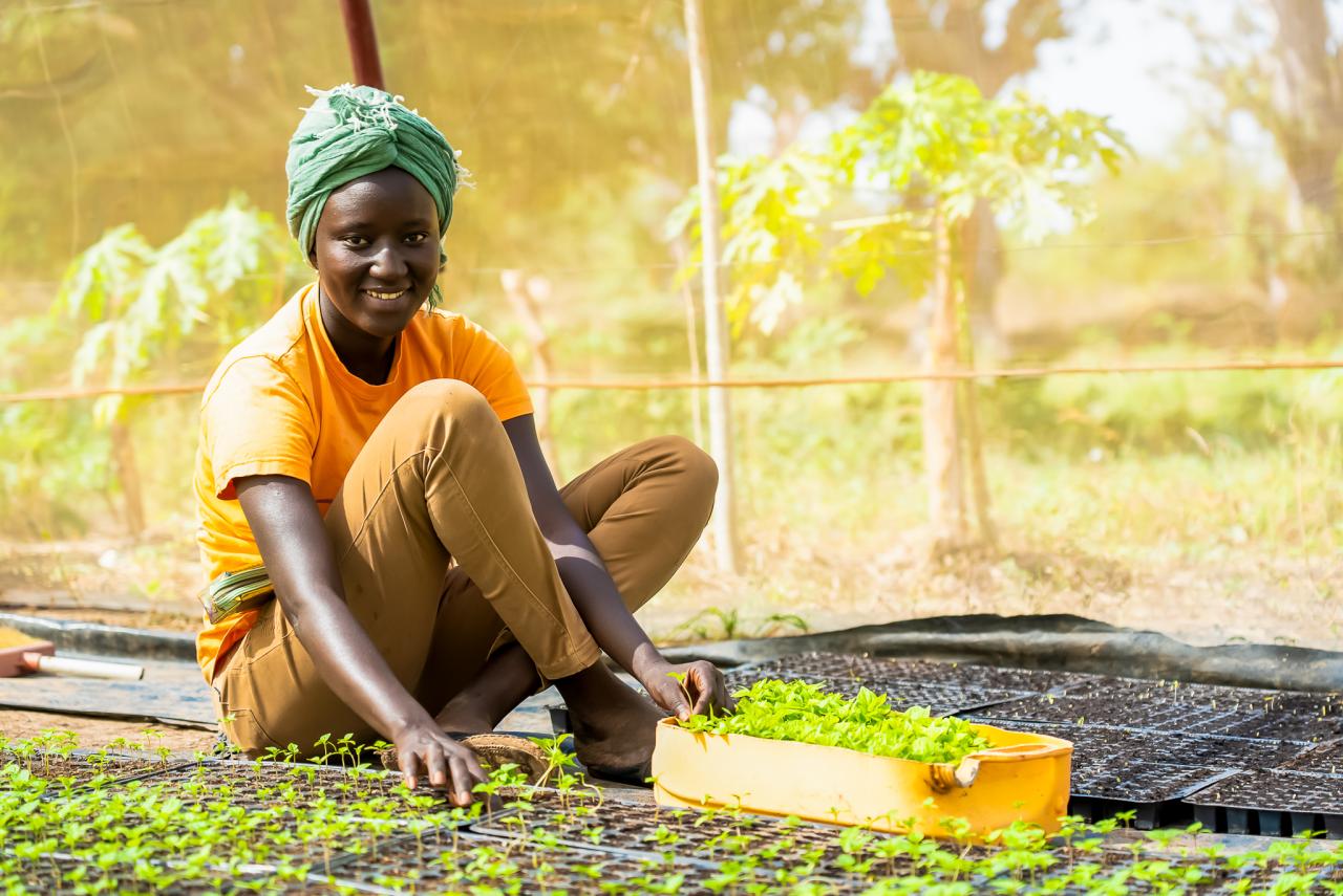 A woman in a yellow shirt sitting in a community garden