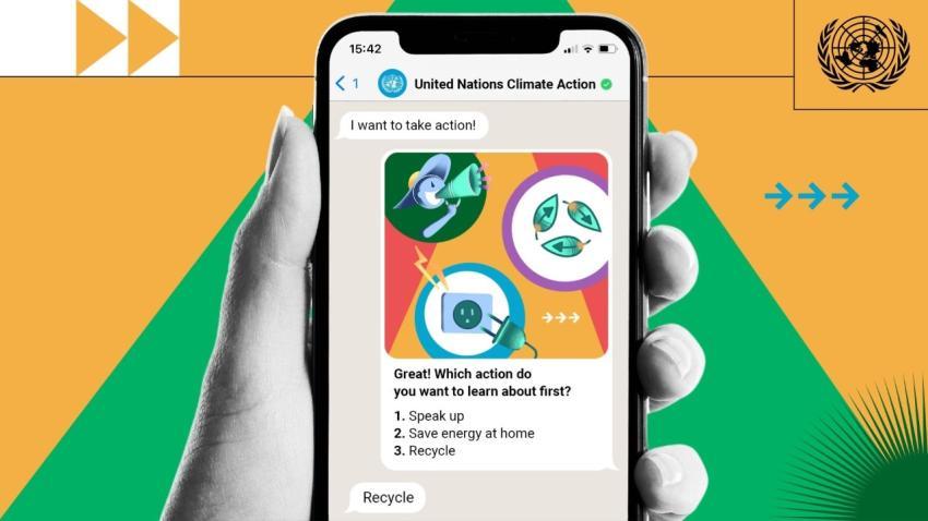 A graphic of a hand holding a phone with info on climate